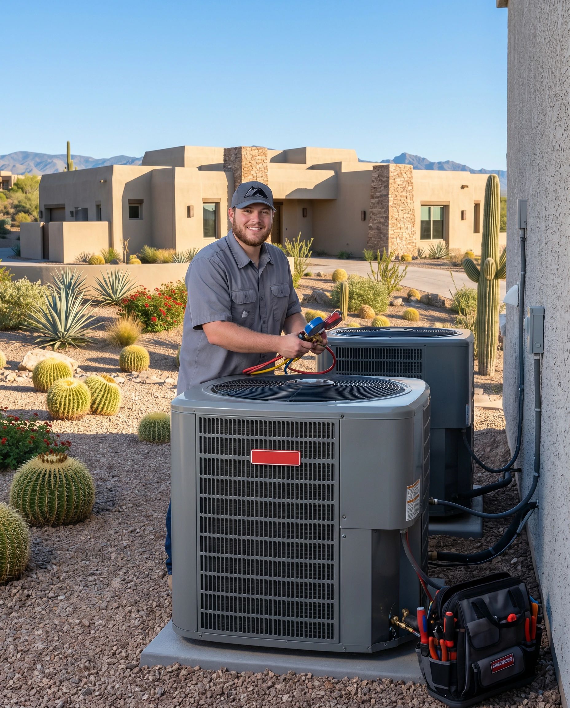 Technician standing beside outdoor HVAC equipment